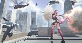 Rule 34 | 1girl, absurdres, aircraft, ass, bird, black gloves, blurry, blurry foreground, breasts, building, city, cityscape, cloud, commission, from behind, full body, gloves, hair ribbon, helicopter, highres, holding, holding rocket launcher, holding weapon, long hair, meme, motion blur, on rooftop, original, outdoors, panties, pink hair, pink thighhighs, red thighhighs, ribbon, rocket launcher, rpg, rpg-7, rpg (weapon), second-party source, skirt, sky, smoke, solo, standing, thighhighs, thighs, twintails, underwear, very long hair, weapon, wind, wulala (vtuber), xian shui chang chong
