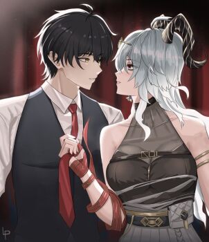 1boy 1girl alternate_costume artist_logo bare_shoulders black_eyes black_hair black_horns black_shirt breasts clothes_grab collared_shirt commentary curled_horns eye_contact eyewear_on_head grey_hair hashtag-only_commentary horns large_breasts logo long_hair looking_at_another luckplz male_focus male_rover_(wuthering_waves) necktie necktie_grab neckwear_grab official_alternate_costume parted_lips red_necktie rover_(wuthering_waves) shirt sleeveless sleeveless_shirt smile sunglasses vest waistcoat white_shirt wuthering_waves zani_(wuthering_waves)