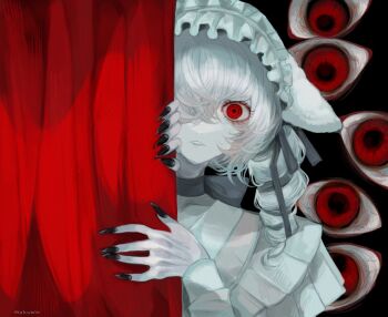 1girl animal_ear_hairband animal_ears black_choker black_nails bow bow_choker choker curtains drill_hair fake_animal_ears fingernails frilled_hairband frills hair_ribbon hairband long_fingernails looking_at_viewer m_insomnia23 nail_polish original pale_skin parted_lips red_eyes ribbon ringed_eyes solo upper_body white_hair white_hairband