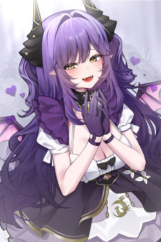 1girl absurdres black_bow blush bow breasts center_frills cleavage commentary dragon_girl dragon_horns dragon_wings fangs flower frilled_shirt frills gem gloves gold_necklace gold_trim hair_intakes hands_up heart highres horns jewelry large_breasts layered_skirt light_particles long_hair looking_at_viewer naga_(naga83972211) necklace open_mouth own_hands_together pink_gem pointy_ears purple_background purple_gloves purple_hair purple_skirt sakihane_huya shirt shirt_bow shirt_tucked_in short_sleeves sidelocks skirt slit_pupils smile solo star_(symbol) stellive teeth two_side_up very_long_hair virtual_youtuber white_flower white_shirt wings yellow_eyes