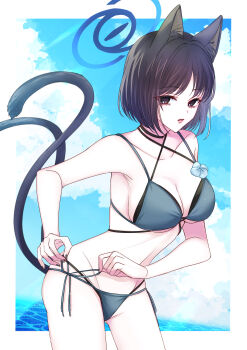 1girl absurdres animal_ear_fluff animal_ears bikini black_choker black_eyes black_hair black_nails blue_archive blue_bikini blue_halo blue_sky blue_tail border breasts cat_ears cat_girl cat_tail choker cleavage cloud commentary_request criss-cross_halter criss-cross_straps day fingernails flower flower_bikini halo halterneck highres kikyou_(blue_archive) kikyou_(swimsuit)_(blue_archive) layered_bikini long_fingernails looking_at_viewer multiple_tails ocean official_alternate_costume outdoors outside_border side-tie_bikini_bottom sky solo swimsuit tail two_tails tying_bikini water white_border youka_chiwa