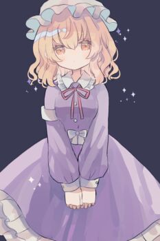 1girl black_background blonde_hair cowboy_shot dress frilled_shirt_collar frills hat hiyuu_(hiyualice) long_sleeves looking_at_viewer maribel_hearn medium_hair mob_cap neck_ribbon puffy_long_sleeves puffy_sleeves purple_dress ribbon solo touhou white_hat yellow_eyes