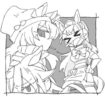 >_< 3girls :d arm_up beanie beer_hsk blush_stickers border bow breasts closed_eyes dress ear_covers ears_through_headwear gold_ship_(red_strife)_(umamusume) gold_ship_(umamusume) grey_background greyscale hair_between_eyes hand_on_own_hip hat jacket long_hair medium_breasts mini_hat monochrome multiple_girls nakayama_festa_(umamusume) open_mouth orfevre_(old_design)_(umamusume) profile sleeveless sleeveless_dress smile umamusume v-shaped_eyebrows very_long_hair white_border xd