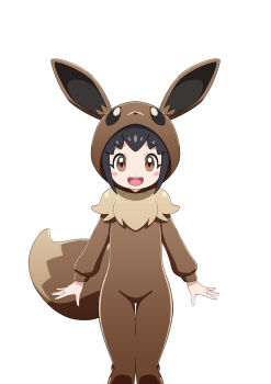 1girl :d black_hair blush_stickers brown_eyes child commentary_request cosplay eevee eevee_(cosplay) eevee_ears eevee_tail gen_1_pokemon highres hood hood_up ika_daishougun long_sleeves looking_at_viewer nintendo onesie open_mouth poke_kid_(pokemon) pokemon pokemon_swsh short_hair simple_background smile solo teeth thigh_gap tongue upper_teeth_only white_background