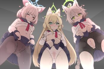 3girls :d ^_^ ahoge animal_ear_fluff animal_ears aroused bike_shorts black_pantyhose black_sailor_collar black_shorts black_skirt blonde_hair blue_archive blue_halo blunt_bangs blush braid braided_ponytail breasts brown_hair c: cameltoe cleft_of_venus closed_eyes closed_mouth clothes_lift cowboy_shot double-parted_bangs embarrassed facing_viewer fox_ears fox_girl from_below frown furrowed_brow gluteal_fold green_eyes green_halo grin hair_between_eyes half_updo halo heart indoors kurumi_(blue_archive) lifting_own_clothes loli long_hair long_sleeves low_ponytail medium_hair miniskirt multiple_girls naughty_face navel neckerchief niko_(blue_archive) nipples no_bra no_panties open_mouth otogi_(blue_archive) outline panties panties_under_pantyhose pantyhose pink_hair pink_outline pleated_skirt ponytail pov presenting_own_body presenting_own_pussy pussy pussy_juice red_neckerchief ririfu sailor_collar sailor_shirt school_uniform serafuku shirt shirt_lift shorts shorts_under_skirt sidelocks skirt skirt_lift small_breasts smile split_mouth stomach straight_hair sweat swept_bangs thighs torn_clothes torn_shorts triangle_halo two_side_up uncensored underwear v-shaped_eyebrows very_long_hair white_panties white_shirt