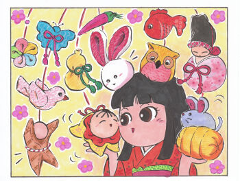 1girl black_hair blush border brown_eyes commentary_request decorations flower highres hina_ningyou hinamatsuri japanese_clothes kimono ninohe obi open_mouth original pink_flower red_kimono sagemon sash simple_background solo yellow_background