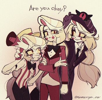 Rule 34 | 3girls, blonde hair, blush, bow, bowtie, charlie morningstar, grin, hat, hazbin hotel, hellaverse, highres, holding, holding microphone, microphone, multiple girls, red eyes, sameriya 031, smile, sweat, tagme