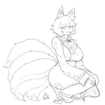 1girl absurdres animal_ear_fluff animal_ears closed_mouth commentary_request fang fox_ears fox_girl fox_tail from_side full_body greyscale highres kitsune long_sleeves looking_at_viewer monochrome multiple_tails short_hair simple_background sitting solo tabard tail touhou warosufox yakumo_ran