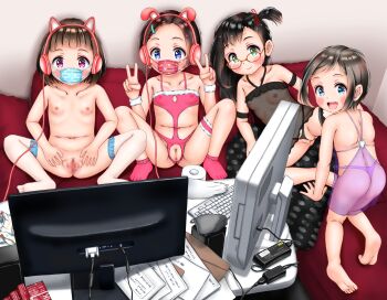 4girls absurdres artist_request ass barefoot blush camisole censored cleft_of_venus collarbone computer crotchless double_v exhibitionism face_mask fat_mons feet female_focus flat_chest full_body glasses harem headphones higeepon highres lingerie loli looking_at_viewer mask monitor mosaic_censoring multiple_girls nipples nude panties presenting public_indecency pussy rabbit_ears revealing_clothes see-through_clothes smile spread_pussy tagme thighhighs third-party_edit thong toilet_paper transparent underwear unworn_panties v
