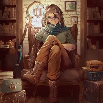 absurdres beads before_the_dawn_(series) blue_scarf book bookshelf boots breasts brown_boots brown_hair brown_pants crossed_legs earrings ember_(before_the_dawn) eyepatch face_piercing fantasy glasses green_tunic hair_beads hair_ornament highres horns indoors jewelry lace-up_boots lantern long_hair mature_female medium_breasts missing_limb nose_piercing one_eye_covered original pants picture_frame piercing scarf single_horn sitting smile staff theo_kris_(artist) treasure_chest tunic