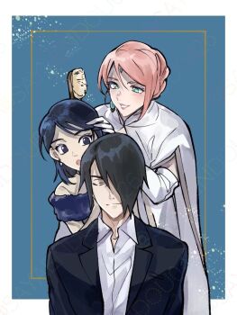 Rule 34 | 1boy, 2girls, black hair, black jacket, blue background, blue dress, border, boruto: naruto next generations, cape, closed eyes, closed mouth, collared shirt, dress, earrings, elbow gloves, facial mark, family, father and daughter, forehead mark, gloves, green eyes, grey eyes, hair between eyes, hair over one eye, hand in another's hair, holding, holding brush, husband and wife, jacket, jewelry, light blush, long hair, mother and daughter, multiple girls, naruto (series), off-shoulder dress, off shoulder, open mouth, parted lips, pink hair, sayaendou0426, shirt, short hair, smile, suit jacket, uchiha sarada, uchiha sasuke, updo, upper body, white border, white cape, white dress, white gloves, white shirt