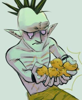 1boy alchemillarine animal baby_animal beak bird blank_eyes chick chicken collarbone cucco frown green_background grog_(zelda) holding holding_animal male_focus mohawk nintendo pointy_ears ribs solo tearing_up the_legend_of_zelda the_legend_of_zelda:_majora's_mask topless_female topless_male upper_body wristband