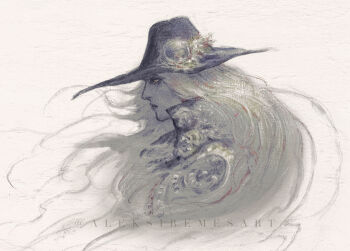 Rule 34 | 1boy, aleksi remes, artist name, black hat, commentary, d (vampire hunter d), floating hair, from side, grey hair, hat, highres, jewelry, long hair, painterly, solo, vampire hunter d, white background, wide brim