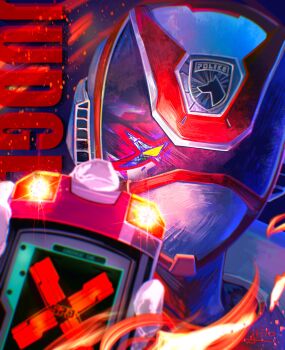 2boys absurdres commentary_request dekared english_text garyudo helmet highres holding multiple_boys no.1_sentai_gozyuger red_helmet reflection ritover000 solo_focus sp_license super_sentai tokusatsu tokusou_sentai_dekaranger