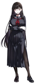 1girl absurdres black_choker black_hair black_pantyhose black_sailor_collar black_shirt black_shoes black_skirt breasts choker fangs full_body glasses gloves highres large_breasts loafers long_hair long_skirt neckerchief open_mouth original pantyhose pleated_skirt red_eyes red_neckerchief sailor_collar shirt shoes side_slit simple_background skirt solo standing urabanasimati very_long_hair white_background white_gloves