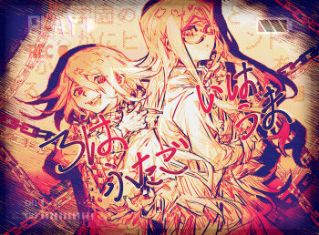 1boy 1girl back-to-back battery_indicator chain checkered_clothes checkered_scarf collared_jacket commentary_request danganronpa_(series) danganronpa_v3:_killing_harmony eyelashes flipped_hair glasses hair_between_eyes highres jacket long_hair long_sleeves looking_at_viewer monochrome oma_kokichi open_mouth pleated_skirt recording round_eyewear scarf school_uniform shirogane_tsumugi short_hair skirt smile suoweiliuli_v3 teeth translation_request upper_body very_long_hair