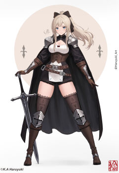 Rule 34 | 1girl, armor, artist logo, artist name, belt, black cape, black shorts, black thighhighs, blonde hair, blue eyes, boots, bow, breasts, brown belt, brown boots, brown bow, brown corset, brown gloves, brown hair, cape, closed mouth, commentary, copyright notice, corset, cross, elbow gloves, floating hair, full body, gloves, hair bow, hand on hilt, haruyuki (karem), highres, holding, holding sword, holding weapon, knee boots, lace, lace-trimmed thighhighs, lace trim, large breasts, legs apart, light smile, logo, looking at viewer, original, pauldrons, poleyn, ponytail, shirt, short shorts, shorts, shoulder armor, signature, solo, standing, sword, thighhighs, thighhighs under boots, twitter username, unsheathed, weapon, white shirt