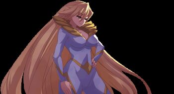 1girl 2girls akaga_hirotaka animated animated_gif aq_interactive arcana_heart arcana_heart_3 ass atlus blonde_hair bodysuit breasts character_name cleavage copyright_name crossed_arms dimples_of_venus dual_persona examu finger_gun fingernails floating_hair from_behind gem gradient_hair hair_between_eyes halftone halftone_background hand_on_own_hip hat large_breasts light_smile logo long_fingernails long_hair looking_afar looking_at_viewer looking_to_the_side magic_circle mildred_avallone multicolored_hair multiple_girls official_art official_wallpaper orange_background outstretched_arm pointing red_eyes simple_background skin_tight smile spiked_hair very_long_hair