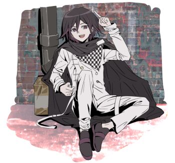 1boy black_cape black_hair black_shoes brick_wall cape checkered_clothes checkered_neckerchief danganronpa_(series) danganronpa_v3:_killing_harmony grey_jacket grey_pants hair_between_eyes hairstarfish jacket long_sleeves looking_at_viewer male_focus neckerchief oma_kokichi pants shoes short_hair sitting smile
