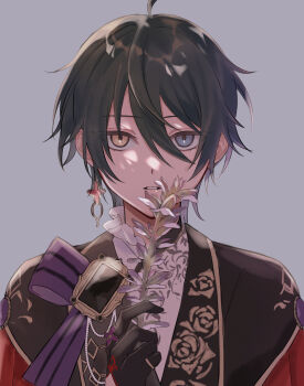 1boy absurdres ahoge black_gloves blue_eyes ensemble_stars! flower flower_request gloves grey_background heterochromia highres holding holding_flower jacket kagehira_mika long_sleeves looking_at_viewer male_focus parted_lips red_jacket short_hair solo sushi_171 teeth yellow_eyes
