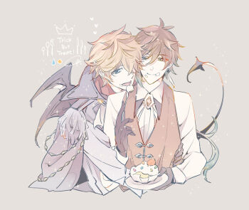 Rule 34 | 2boys, alternate costume, cake, cape, eating, food, genshin impact, image sample, multiple boys, pixiv, pixiv sample, smile, tail, tartaglia (genshin impact), white background, wings, yaoi, zhongli (genshin impact)