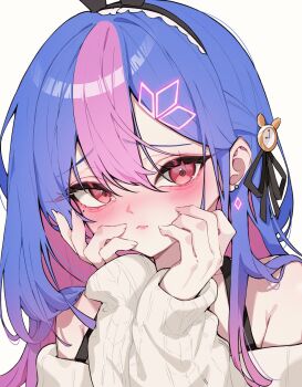 1girl absurdres bing_hayu black_hairband black_ribbon blue_hair blush bra_strap clock_hair_ornament closed_mouth colored_inner_hair daimi_94 double-parted_bangs hair_ribbon hairband hands_on_own_face hands_up hashtag-only_commentary highres long_sleeves looking_at_viewer luvdia mole mole_under_eye multicolored_hair off-shoulder_sweater off_shoulder pink_eyes portrait raised_inner_eyebrows ribbon simple_background solo streaked_hair sweater two-tone_hair virtual_youtuber white_background white_sweater