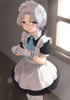 Rule 34 | 1girl, absurdres, alternate costume, apron, ascot, backlighting, black dress, blue ascot, commentary request, contrast collar, dress, enmaided, feet out of frame, frilled apron, frills, gloves, grey hair, haruno plum, highres, hirato (kancolle), indoors, kantai collection, looking at viewer, maid, maid apron, maid headdress, medium hair, pantyhose, parted bangs, sidelocks, solo, standing, textless version, white apron, white gloves, white pantyhose, window