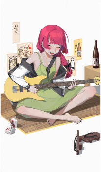 1girl ^_^ aash4i absurdres armpits barefoot black_bow black_nails blunt_bangs blush bocchi_the_rock! bottle bow braid closed_eyes collarbone commentary_request dress fang fingernails full_body geta green_dress guitar hair_bow highres hiroi_kikuri indian_style instrument jacket jacket_partially_removed juice_box long_hair long_sleeves music nail_polish on_floor open_mouth playing_guitar playing_instrument poster_(object) red_hair sandals simple_background single_braid sitting sleeveless sleeveless_dress smile solo toenail_polish toenails unworn_sandals white_background white_jacket wooden_floor