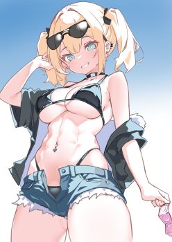 1girl abs absurdres bikini black_bikini black_choker black_shirt blonde_hair blue_background blue_eyes breasts bulge chinmeritto choker commentary_request condom condom_packet_strip condom_wrapper cowboy_shot denim denim_shorts ear_piercing eyewear_on_head futanari gradient_background grin hand_up highleg highleg_bikini highres holding holding_condom large_breasts looking_at_viewer navel navel_piercing open_fly original piercing shirt shirt_partially_removed short_hair short_shorts shorts smile solo stomach sunglasses swimsuit toned toned_female twintails