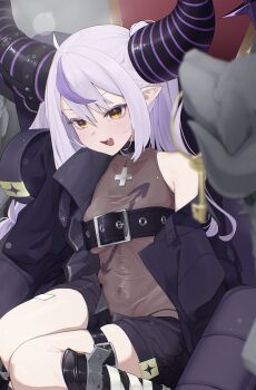 Rule 34 | 1girl, absurdres, ahoge, belt, belt buckle, black belt, black choker, black jacket, black shorts, breasts, brown leotard, buckle, chest belt, choker, covered navel, cowboy shot, cross, cross choker, demon girl, demon horns, edge ill, fang, hair between eyes, hashtag-only commentary, highres, hololive, horns, jacket, la+ darknesss, leotard, long hair, long sleeves, looking at viewer, multicolored hair, open clothes, open jacket, open mouth, pointy ears, purple hair, short shorts, shorts, single bare shoulder, small breasts, smile, solo, streaked hair, striped horns, virtual youtuber, yellow eyes