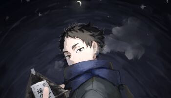 Rule 34 | 1boy, 1other, akaashi keiji, blue scarf, breath, commentary request, covered mouth, crescent moon, grey eyes, grey jacket, haikyuu!!, highres, jacket, looking at viewer, male focus, moon, nagi ramu, night, night sky, outdoors, scarf, short hair, sky, solo focus