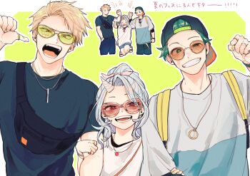 1girl 2boys alternate_costume alternate_hairstyle backpack backwards_hat bag bakugou_katsuki baseball_cap black_shirt blonde_hair blush boku_no_hero_academia border bwzb64761 commentary_request double_arm_hug eri_(boku_no_hero_academia) fanny_pack forehead freckles glasses green_background green_eyes green_hair green_nails grey_hair grin hand_in_pocket hat height_difference highres horns jewelry jumping long_hair midoriya_izuku multiple_boys multiple_rings multiple_views nail_polish necklace open_mouth outline pants pointing pointing_at_self red_eyes ring sandals scar scar_on_arm scar_on_face shirt short_hair shorts single_horn smile spiked_hair sunglasses teeth thumb_ring tongue translation_request two-tone_shirt upper_body white_border white_outline yellow_nails