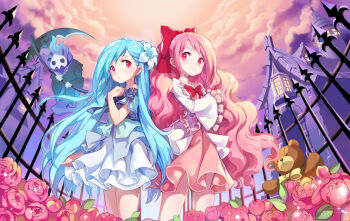 2girls anais_del_caril architecture arm_at_side artist_request asymmetrical_bangs benya_(tales_weaver) black_robe black_sleeves blue_eyes blue_fire blue_shirt blue_sleeves blush bow bowtie building choker clenched_hand cloud cloudy_sky coat coat_bow collarbone color_coordination cowboy_shot crossed_arms dew_drop dormer dress dress_under_shirt european_architecture fence fire flower frilled_sleeves frills gable_roof gothic_architecture hair_bow hair_flower hair_ornament half_updo holding holding_scythe iron_fence layered_dress layered_shirt leaf legs_apart legs_together light_particles lily_(flower) long_hair long_sleeves looking_at_another medium_dress multiple_girls muntins nexon official_art open_hand open_mouth pink_dress pink_flower pink_hair pink_rose pink_sleeves ponytail purple_bow red_bow red_eyes robe rooftop rose rubesto_daimon scythe second-party_source shirt shirt_over_dress side-by-side side_slit skull sky sleeve_bow smile sparkle standing straight_hair strapless strapless_shirt stuffed_animal stuffed_toy tales_weaver tareme teddy_bear tower two-sided_sleeves very_long_hair water_drop waving wavy_hair white_choker white_coat white_dress white_flower white_lily white_sleeves wide_sleeves window_light yellow_bow yellow_bowtie