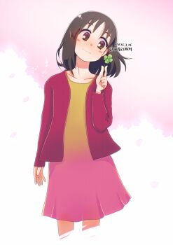 Rule 34 | 1girl, azumanga daiou, black eyes, black hair, closed mouth, clover, dress, four-leaf clover, gradient clothes, gradient dress, highres, holding, holding plant, jacket, kasuga ayumu, kazuboh, medium hair, pink dress, plant, purple jacket, solo, yellow dress