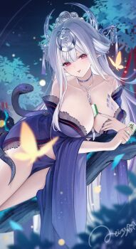 1girl :p absurdres artist_name bare_shoulders between_breasts branch breasts bug butterfly cleavage collarbone commentary dress falling_leaves glowing_butterfly hair_between_eyes hair_intakes hair_ornament headpiece highres holding holding_mahjong_tile insect jewelry large_breasts leaf li_yang_(mahjong_soul) light_particles long_hair looking_at_viewer lying mahjong mahjong_soul mahjong_tile meisansan nail_polish necklace night night_sky off-shoulder_dress off_shoulder on_branch on_side outdoors pelvic_curtain pink_eyes pointy_ears purple_dress purple_nails purple_snake red_trim scales silver_jewelry sky slit_pupils snake_girl snake_hair_ornament solo star_(sky) symbol-only_commentary tongue tongue_out tree very_long_hair white_hair