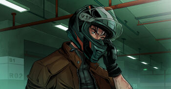 1boy artbyhelenhe batman_(series) black_gloves black_hair blue_eyes bodysuit brown_jacket dc_comics gloves grey_bodysuit helmet highres jacket jason_todd male_focus motorcycle_helmet multicolored_bodysuit muscular muscular_male open_clothes red_hood_(dc) red_hood_and_the_outlaws short_hair superhero_costume taut_bodysuit two-tone_bodysuit western_comics_(style)