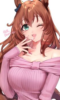 1girl ;d animal_ears aqua_eyes bare_shoulders blue_bow bow breasts brown_hair chikabe cleavage collarbone ear_bow fake_nails highres horse_ears horse_tail long_hair maruzensky_(umamusume) medium_breasts off-shoulder_sweater off_shoulder one_eye_closed open_mouth pink_sweater plaid_bow ribbed_sweater signature smile solo sweater tail twitter_username umamusume upper_body