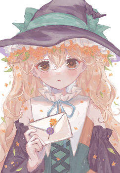 1girl blue_ribbon blush bow branch brown_eyes collar commentary_request corset curusucururi detached_collar falling_leaves flower frilled_collar frills green_bow green_corset green_ribbon hair_between_eyes hair_flower hair_ornament hand_up hat hat_bow hat_ribbon highres holding holding_letter leaf letter long_hair long_sleeves looking_at_viewer neck_ribbon off-shoulder_jacket off_shoulder open_mouth orange_flower orange_hair orange_shirt original puritan_collar ribbon shirt simple_background sleeveless sleeveless_shirt sparkle twintails twitter_username upper_body very_long_hair white_background white_collar witch_hat