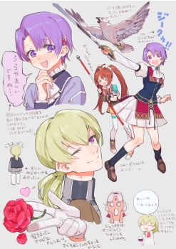 ;) ahoge armor ascot bird blonde_hair blush brown_hair chibi eiyuu_densetsu estelle_bright closed_eyes falcom flower hair_intakes hair_ornament highres holding holding_polearm holding_sword holding_weapon kloe_rinz long_hair multiple_girls nishihara_isao olivert_reise_arnor one_eye_closed pauldrons polearm ponytail purple_eyes purple_hair rose scherazard_harvey short_hair shoulder_armor single_pauldron smile sora_no_kiseki sword translation_request twintails weapon