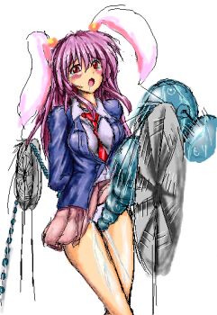 1girl animal_ears bdsm bead_sex_machine beads blush bondage bound rabbit_ears crotch_rub cruelty_to_animals female_focus machine monikano oekaki panties pussy_juice reisen_udongein_inaba rope_walking sex_machine skirt solo tears touhou underwear upskirt