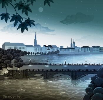 animated animated_gif artist_name blue_sky bridge building car cloud full_moon looping_animation moertel moon motor_vehicle no_humans original outdoors pixel_art scenery shooting_star sky star_(sky) starry_sky water