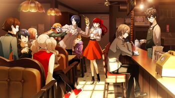5boys 5girls absurdres akechi_gorou amamiya_ren angry apron artist_request black_hair black_pants black_pantyhose black_shirt black_shoes blonde_hair blue_hair book brown_hair brown_jacket cafe chair closed_eyes cup dappled_sunlight drink fluffy_hair glasses green_jacket grey_shirt hair_ribbon headphones highres holding holding_cup holding_drink hood hoodie indoors jacket kitagawa_yuusuke long_hair looking_at_another looking_at_viewer messy_hair morgana_(human)_(persona_5) morgana_(persona_5) multiple_boys multiple_girls niijima_makoto non-web_source official_art okumura_haru open_mouth orange_hair orange_skirt pants pantyhose persona persona_5 persona_5_the_royal phone ponytail red_hair red_ribbon red_shoes red_vest ribbon sakamoto_ryuuji sakura_futaba shirt shoes sitting skirt smile spoilers striped_clothes striped_shirt sunlight sweater takamaki_anne teacup twintails vertical-striped_clothes vertical-striped_shirt vest white_shirt white_sweater yoshizawa_kasumi