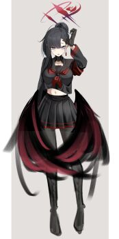 Rule 34 | 1girl, alternate costume, alternate hairstyle, black gloves, black hair, black serafuku, black wings, blue archive, blue eyes, blush, commentary, feathered wings, full body, gloves, hair ornament, hairclip, halo, highres, ichika (blue archive), long hair, long sleeves, looking at viewer, low wings, mira mira mira, multiple views, navel, pantyhose, red halo, school uniform, serafuku, skirt, wings