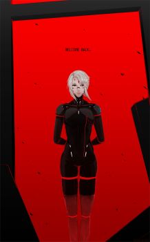 absurdres arms_behind_back english_text gradient_background hair_over_one_eye highres light_particles mechanization military military_uniform nixaluminos red_eyes robot short_hair signalis star_(symbol) two-tone_background