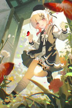 1girl absurdres artist_request beret black_dress black_hat black_shoes bug butterfly chinese_commentary commentary_request commission day dress flower full_body gradient_hair grass hair_flower hair_ornament hat highres insect long_sleeves looking_at_viewer mahou_shoujo_no_majo_saiban multicolored_hair o-ring o-ring_thigh_strap open_mouth outdoors pink_eyes pink_hair red_butterfly sakuraba_ema second-party_source shoes short_hair shorts smile socks solo standing standing_on_one_leg thigh_strap white_flower white_hair white_shorts white_socks x_hair_ornament