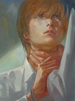 2boys absurdres black_hair brown_hair collared_shirt commentary cuffs death_note english_commentary fieroo fingernails hand_on_another's_neck hand_on_another's_wrist handcuffs highres l_(death_note) lips looking_at_another male_focus multiple_boys nose shirt short_hair solo_focus teeth white_shirt yagami_light