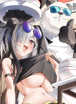 1girl animal_ears arknights bear bear_ears bear_girl black_hair black_tank_top breasts chopsticks commentary_request eyewear_on_head feater_(arknights) hair_over_one_eye highres large_breasts long_hair midriff multicolored_hair navel nidaime_(doronbo) orange_eyes plate polar_bear qr_code short_eyebrows tank_top thumbs_up two-tone_hair underboob white_hair