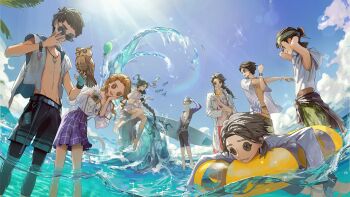 2girls 6+boys :d :| adjusting_eyewear aesop_carl alice_deross alternate_costume alva_lorenz aqua_gloves aqua_hair balloon bandana belt_pouch bikini bird bird_on_hand black_hair black_sclera blonde_hair blue_eyes bodysuit bow bowtie bracelet braid brown_hair button_eyes buttons camera closed_mouth clothes_around_waist cloud coat colored_sclera cross-body_stretch cup day diving_suit drinking_glass eli_clark eyebrow_cut facial_mark feet_out_of_frame fingerless_gloves fish fisheye floating floating_hair frederick_kreiburg frilled_bikini frills full_body gloves grace_(identity_v) grey_eyes grey_hair grin hair_slicked_back hand_in_own_hair hand_on_own_arm hand_on_own_cheek hand_on_own_face highres holding holding_camera holding_cup holding_surfboard hollow_eyes hood hood_down hoodie hydrokinesis identity_v innertube jacket jacket_around_waist jammers jewelry leaf_print lens_flare long_hair low_ponytail male_swimwear medium_hair midriff_peek multiple_boys multiple_girls naib_subedar necklace no_shirt norton_campbell o-ring ocean official_art on_innertube open_clothes open_coat open_jacket open_mouth owl palm_tree parted_bangs partially_underwater_shot pendant plaid_clothes plaid_skirt pleated_skirt ponytail pouch print_shirt purple_skirt shirt short_bangs short_hair single_braid single_glove skirt sleeveless sleeveless_hoodie sleeveless_jacket smile standing stitched_mouth stitches sun sunglasses surfboard swept_bangs swim_ring swim_trunks swimming swimsuit third-party_source three-quarter_sleeves tree tying wading waist_cape watch water wavy_hair wetsuit white_bikini white_bow white_bowtie white_coat white_hoodie white_jacket white_shirt wine_glass wristband wristwatch yellow_eyes