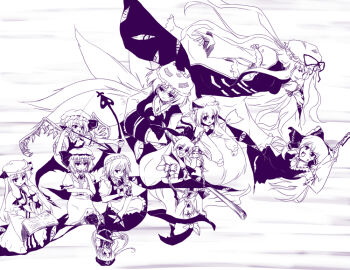 6+girls animal_ears animal_hat between_fingers book cat_ears cat_girl cat_tail chen date_hajime exdeath female_focus flandre_scarlet fox_ears fox_tail gap_(touhou) hakurei_reimu hat holding hong_meiling horns ibuki_suika izayoi_sakuya japanese_clothes kirisame_marisa knife long_sleeves miko mob_cap monochrome multiple_girls neo_exdeath parody patchouli_knowledge mob_cap purple_theme remilia_scarlet ribbon short_hair tail tassel throwing_knife touhou weapon wide_sleeves wings yakumo_ran yakumo_yukari