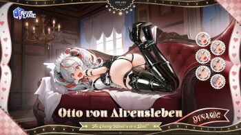 1girl ass azur_lane bdsm black_boots bondage boots bound breasts chandelier character_name commentary couch day english_commentary english_text grey_hair high_heel_boots high_heels highres indoors lying medium_breasts mimoza_(96mimo414) multicolored_hair multiple_expressions official_alternate_costume official_art on_couch on_stomach open_mouth otto_von_alvensleben_(azur_lane) otto_von_alvensleben_(the_clumsy_maid_is_in_a_bind!)_(azur_lane) promotional_art red_hair second-party_source skindentation thigh_boots thighs two-tone_hair v-shaped_eyebrows window